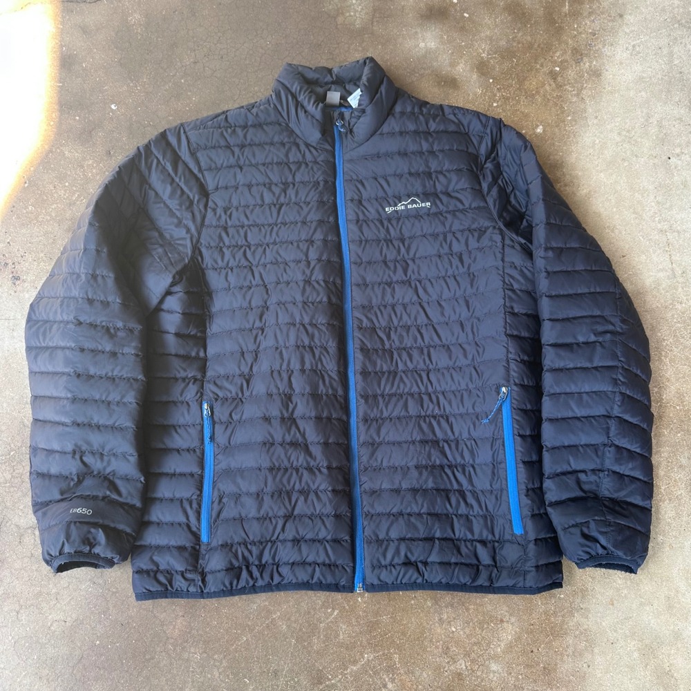 Eddie Bauer Puffer Jacket Mens L Black Excellent EB650 Down Insulated Full Zip